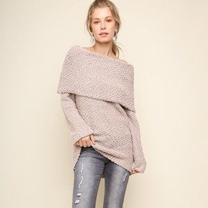 Off Shoulder Popcorn Sweater Top Shirt Cream Blush